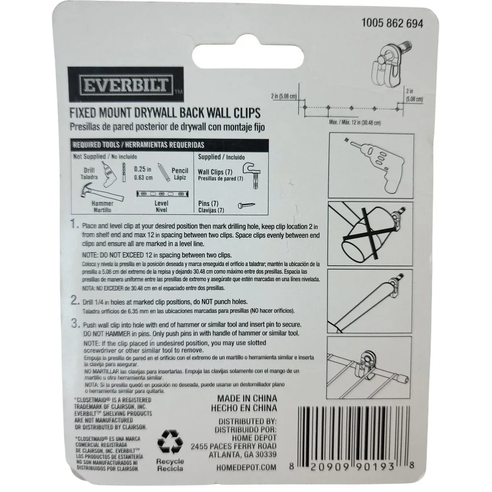 Everbilt Fixed Mount Drywall Back Wall Clips for Wire Shelving 7 Pack 1005862694